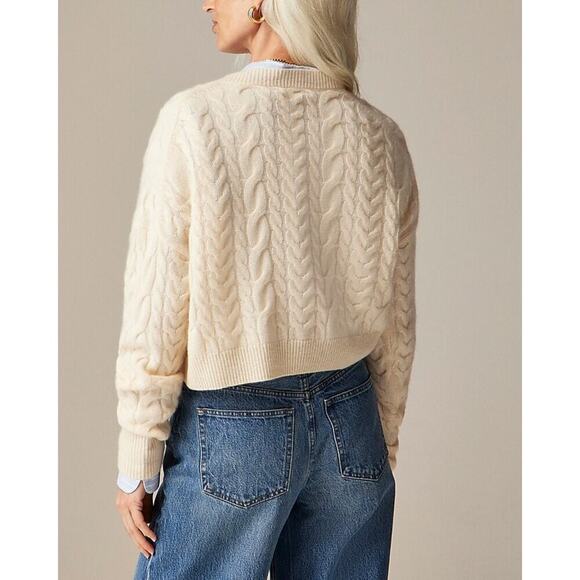 J. Crew Cashmere Cropped Cable-Knit V-Neck Sweater Long Sleeve Cream Size L NWT - Picture 2 of 12